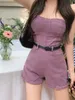 Women summer sexy tube top strapless denim jeans slim waist with belt desinger shorts jumpsuit rompers SML