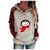 Damen-Kapuzenpullover, Sweatshirts mit Taschenpullover, kariert, Weihnachten, Schneemann, Zwerg-Druck, Knopfleiste, lange Ärmel #H