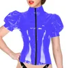 T-shirt Women Puff Sleeve Stand Collar Tshirt Wet Look PVC Tops Shiny Leather Short Sleeves Gothic Punk Top Sexy Party Clubwear