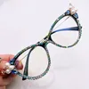 Marco de anteojos de diseñador con incrustaciones de diamantes y perlas, lentes de luz anti-azul a la moda y de moda, lentes transparentes para regalos exquisitos trabajo diario y salidas