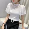 T-shirt #7467 Black White Pink Lace T Shirt Women Stand Collar Perspective Women's Tshirt Flare Sleeve Women's Tee Shirt Sexig sommar