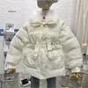 Damen-Trenchmäntel, weiß/schwarz, mit Baumwolle gefütterte Daunenjacke, Damen-Winter-koreanische, lockere, mittellange Parka-Pelzkragen-Studenten-Outwear