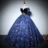 Off shoulder crystal prom dress Neckline Ball Gown Evening Dresses With Beaded Lace Appliques shiny Blue Prom Dress vestido formatura party dress Robe De Soiree