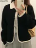 Cardigans OnaIppa Mały zapach kontrastowy klapa z dzianiny Koreański elegancki elegancki jesienny luźny sweter Sweet Single Black Top Kobiety