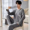 Erkekler Kore Moda Erkekler Pamuk Pijamas Set Uzun Uyku Üstleri Pant Pant Nightwear Pjs Man Pijama Takım Homme Loungwear