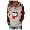 Sudaderas con capucha para mujer con jersey de bolsillo a cuadros Navidad muñeco de nieve enano estampado botón abajo manga larga #H