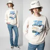 Zadig et Voltaire 디자이너 스웨트 셔츠 패션 새로운 케이크 화이트 잉크 디지털 인쇄 꽃 얀 내부 양털 여성 둥근 목 스웨터