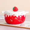 Bowls Ceramic Instant Noodle Bowl Lovely Strawberry Relief Pattern With Cover Double Ear Single Soup Rice Salad Kitchen Tableware