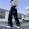Pantie damskie harajuku lady zielone graffiti nadruk drewniane spodnie sznurki czarne gotyckie damskie ulicy długie proste spodni moda koreańska