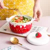 Bowls Ceramic Instant Noodle Bowl Lovely Strawberry Relief Pattern With Cover Double Ear Single Soup Rice Salad Kitchen Tableware