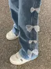 Kvinnors jeans avslappnad söt hög midja kvinnor vintage chic spets bow löst rak denim byxor kvinnliga streetwear y2k breda benbyxor