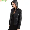 Jacken Winter Neue Schwarze Fleece Mit Kapuze Lederjacke Damen Modische Trim Motorrad Frauen Mantel Reißverschluss Schalter Tops Rot Khaki Grau