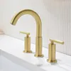 Badkamer wastafel kranen 3 gaten kraan geborsteld gouden dubbele handgrepen bassin water mixer knurling ontwerp wijdverbreid