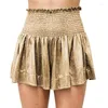 Women's Shorts Women Smocked Elastic High Waist Wide Leg Short Pant Party Club Sparkly Metallic Pleated Ruffle Hem Flowy