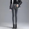 Jeans femme automne femmes coréen simple boutonnage taille haute velours Denim pantalon dames décontracté mince épais polaire hiver pantalon