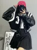 Kvinnorjackor Deeptown Gothic Techwear Black Baseball for Women Harajuku Grunge Croped Coats Vintage Overdimased Casual Bomber Jacket