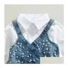 Одежда наборы модны дети детская одежда с твердым цветом рубашка с длинным рукавом платье джинсовая бисера 2 шт.
