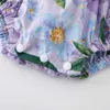 Rompers Zaafille Bowknot Ruffle dziewczęta niemowlęcia Bodysuit Summer Baby Rompers Purple Flowers Ubrania dla noworodków Dziewczyny Ubranie dla dzieci T230529