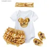 Rompers 4 stcs/set baby meisje romper kleding set katoen jumpsuit gouden ruches shorts schoenen schoenen hoofdband pak pasgeboren kleding kostuum t230529