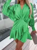 Casual jurken v-neck mode feestjurk vrouwen lente zomer solide elegante lange lantaarn mouw mini vakantie ruches streetwear vestidos