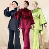 Etniska kläder 2 -stycken Set Abayas Women Plain Satin Islamic Belted Tops Long Pants Set Ramadan Eid Muslim Dress Dubai Turkish Outfits