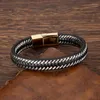 Charm Bracelets Men Fashion Jewelry Stainless Steel Braided Leather Rope Bracelet Punk Accessories Black Magnetic Clasp Bangles Wholesale