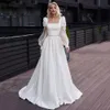 Square Neck A Line Wedding Dress Puffy Sleeve Button Back Bridal Gown Appliques Bead Waist Satin Vestidos De Novia