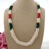 Chains 6 Strands White Pearl Red Coral Green Jade Necklace 27"
