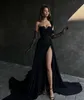 Black Lace Evening Dresses Bateau Neck Half Sleeves formal party prom dress beads sequins decor dresses for special occasions with slit