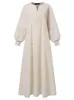エスニック服の夏のイスラム教徒の綿のリネン女性ドレスターンダウンカラーエレガントなポケットフレンチベスティドルースロングスリーブシンプルカジュアル