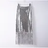 Kjolar högkvalitativa fulla paljetter tofsar silver lång kjol slim fransade kvinnor bröllop festkläder 2023