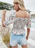 Blusas femininas sexy floral camisa elástica feminina verão gola quadrada moda manga curta camisas para mulheres 2023 casual dobras finas tops femme