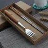 Ensembles de vaisselle cuillère en bois coffret cadeau manche en hêtre couteau en acier inoxydable fourchette baguettes quatre pièces vaisselle Portable d'extérieur