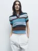 Kvinnors T-skjortor stickade Swaeter Pullover Kvinnor Turned krage Kort ärm Casual Stripe Tops Fashion Clothes Pull Femme Jumpers