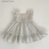 Rompers New 2023 Summer Sisters Clothes Striped Ruffle Baby Girls Loose Mashing Sleeveless Dress Lace Sweet Baby Romper Outfit Clothes T230529