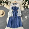 Sukienki swobodne żeńska wiosna letnia okrągła szyja dżins midi sukienka vintage kobiety z długim rękawem kwiat szyfonowy dżinsowy dżins