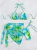 Traje de baño de mujer Sweet Sexy Girl Tie-dye Print Bikini 3 piezas Set Mujeres Traje de baño Tie Up Halter Bra Bragas Wrap Falda Bufanda Traje de baño