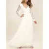 Casual Dresses CFFD-068 2023Y Fashion V Neck Full Sleeve White Women Dress Lace Tulle Stitching Long Slim Fit Party