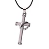 Stainless Steel Cross Pendant With Ring Charm Necklaces Gothic Punk Rock Black Silver Color Jewelry Wholesale Leather Rope Chain For Men And Women Guys Gifts