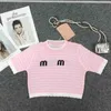 Miu Korean 브랜드 디자이너 여성 짧은 소매 자수 편지 Tee Slim Fit Sexy Top Striped Knitted Tshirt