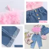 Ensembles De Vêtements Filles D'été Outfit Mode Enfant Enfants Rose Sans Manches Plume Camisole Denim Avec Poches 230523 Drop Delivery Bébé Dhi0Z