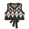 Tanklar Kawaii Argyle Kırpılmış Kazak Yelek Kadın Tepeli Sevimli Ayı Siyah Örgü Top Harajuku Pastel Goth Y2K Giysileri Kore Moda