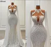 Zarte Spitze Meerjungfrau Brautkleider Vintage Stehkragen Spitze Applizierte Dubai Arabisch Naher Osten Brautkleider Mit Langen Wraps Perlen Perlen Vestidos De Novia CL2321