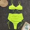 Fato de banho feminino Yiiciovy feminino cor sólida 2 pçs biquíni com cordão cintura alta conjunto de biquíni verão sexy praia praia maiô AA230529