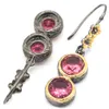 Boucles d'Oreilles Pendantes 43x11mm Néo-Gothique Rose Tourmaline Suisse Bleu Topaze Vert Améthyste Femme Noir Or Argent Pendentif Ensemble de Bijoux