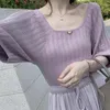 Women's T Shirts French Small Fragrant Wind Square Collar Middle-sleeve T-shirt For Women Puff Sleeve Ice Silk Knitted Tee Top