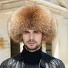 Berets Men's Real Raccoon Fur Hat Sheepskin Ear Flaps Cap Winter Warm Headwear Natural Brown Black