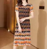 Luxury ISSEY Pleated Fashion Casual Dress Retro Dress Stripe Contrast Print Dress