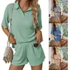 Women's Tracksuits 2 Pieces Waffle Knit Sleepwear Women Pajamas Sets Short Sleeve Top And Shorts 10CD