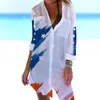 Women's Blouses Summer American Flag 3D Print Hawaii Beach Women Long Sleeve Mid-length Shirts Buttons Shirt Blouse Woman Pocket Tops